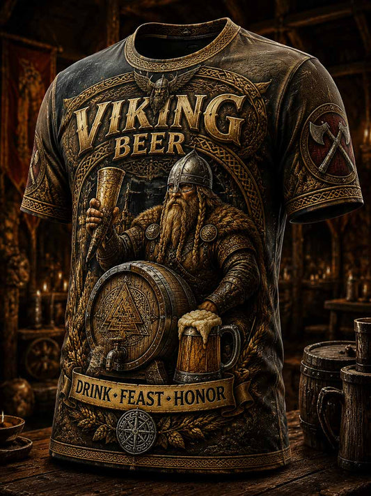 Miesten Vintage Viking Beer Art kuvio painettu T-paita