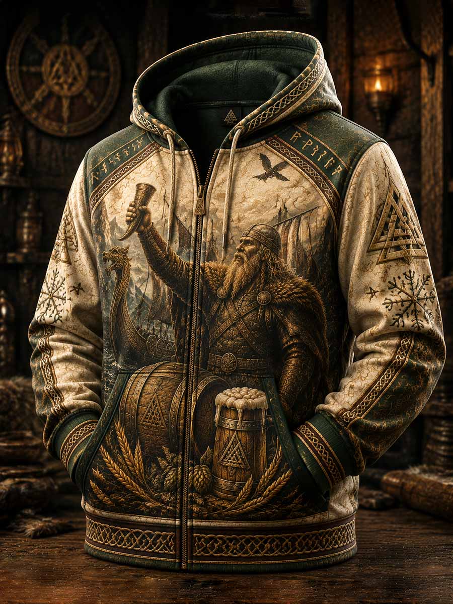Miesten Vintage Viking Beer Art malli painettu vetoketju Hoodie