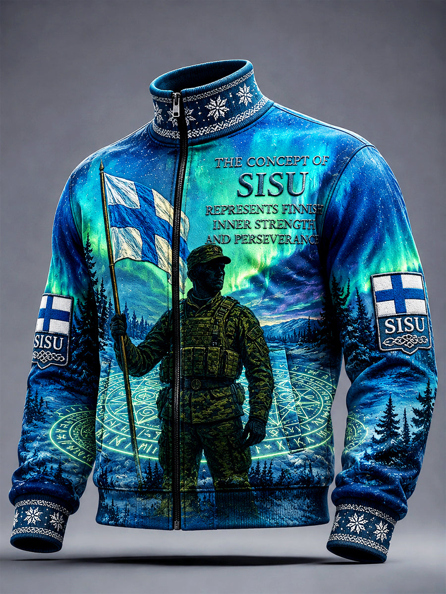 Miesten Suomi-militaarista inspiroidun ’Sisu’-painokuvion tyylikäs vetoketjutakki arkipäivään