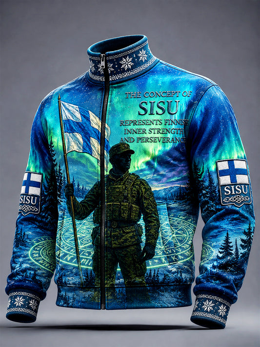 Miesten Suomi-militaarista inspiroidun ’Sisu’-painokuvion tyylikäs vetoketjutakki arkipäivään