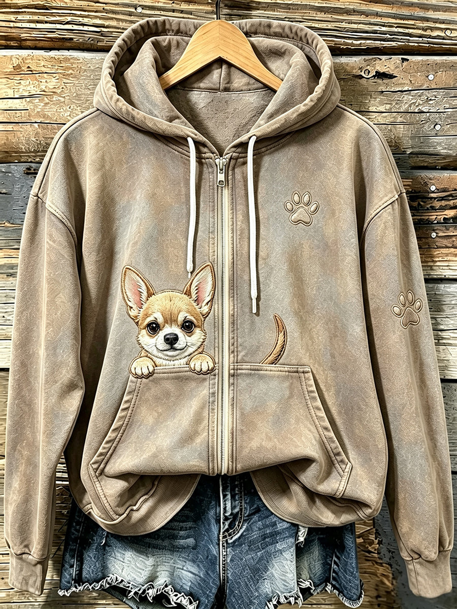 Naisten söpö chihuahua kanssa tassa tulosta Zip-Up Cozy Hoodie.