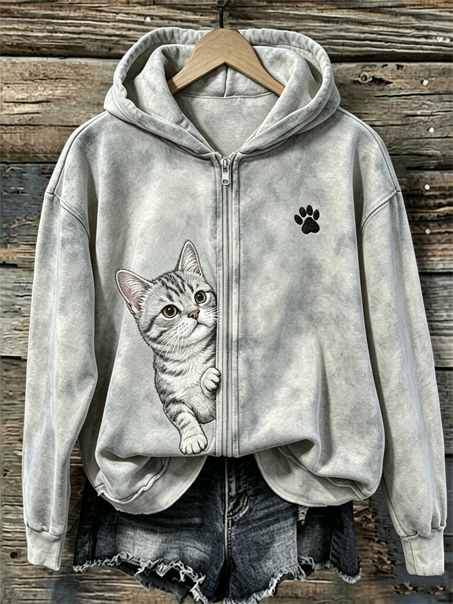 Naisten Peeking amerikkalainen lähikuva kissa & Pussu tulosta täysi Zip Cozy Huppari