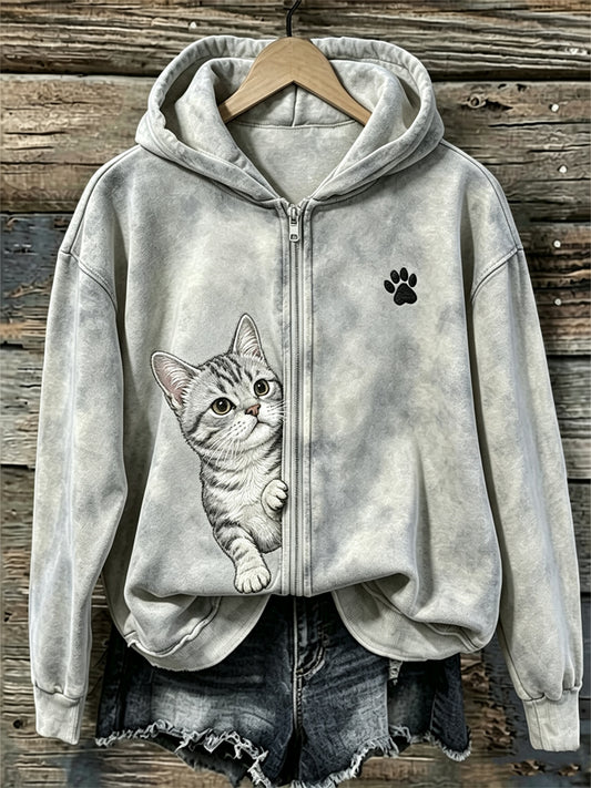 Naisten Peeking amerikkalainen lähikuva kissa & Pussu tulosta täysi Zip Cozy Huppari