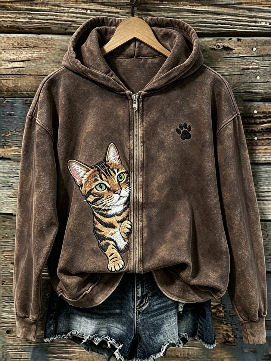 Naisten kurkistava tyttö kissa & Pussu tulosta täysi Zip Cozy Huppari