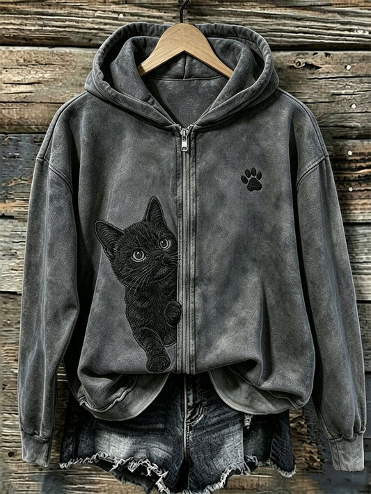 Naisten kurkistava musta kissa & Pussu tulostaa täysi Zip Cozy Huppari
