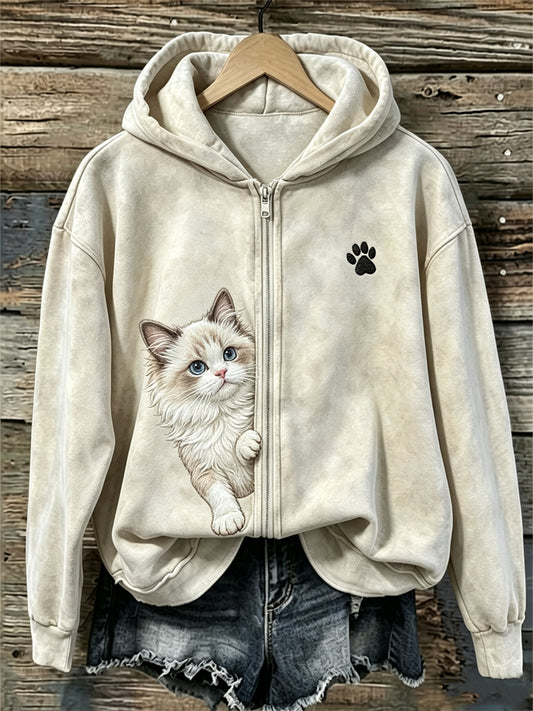 Naisten Peeking Ragdoll Kissa & Pussu Print Full Zip Cozy Huppari