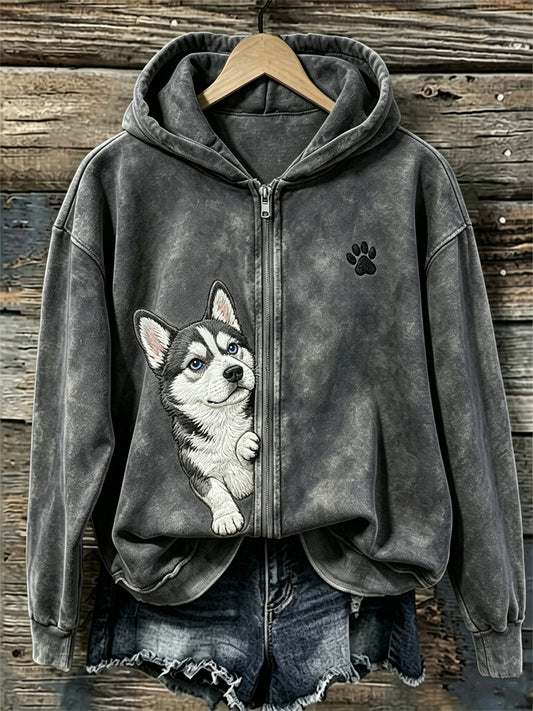 Naisten kurkistava Husky Dog & Tassu Print Full Zip Cozy Huppari