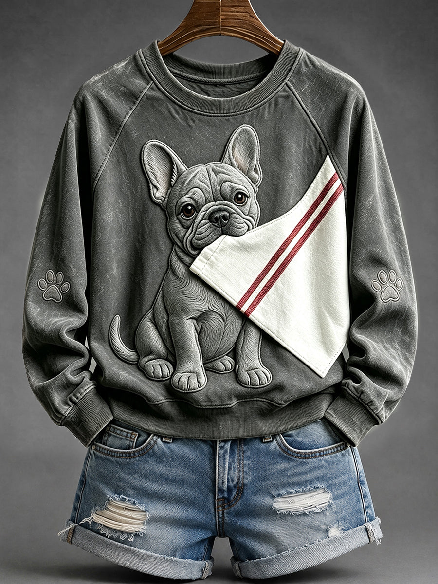 Naisten söpö ranskalainen Bulldog kanssa tassa tulosta Raglan hiha Sweatshirt