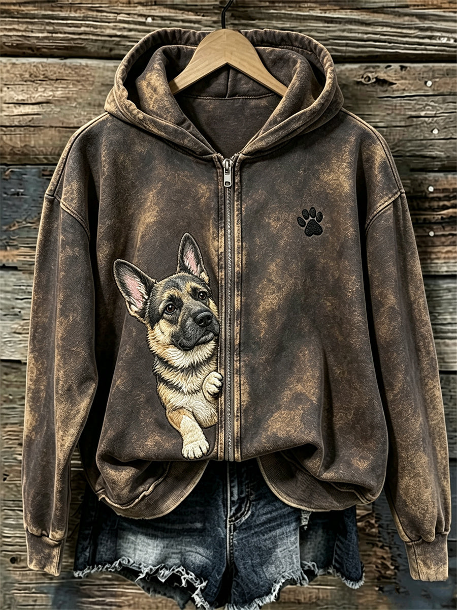 Naisten Peeking Saksanpaimenkoira Koira & Pussu Print Full Zip Cozy Huppari