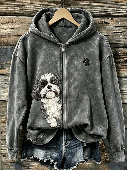 Naisten kurkistava Shih Tzu koira & Pussu tulosta täysi Zip Cozy Huppari