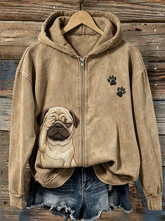 Naisten hauska avuton Pug koira & Puw tulostaa koko Zip Cozy Huppari
