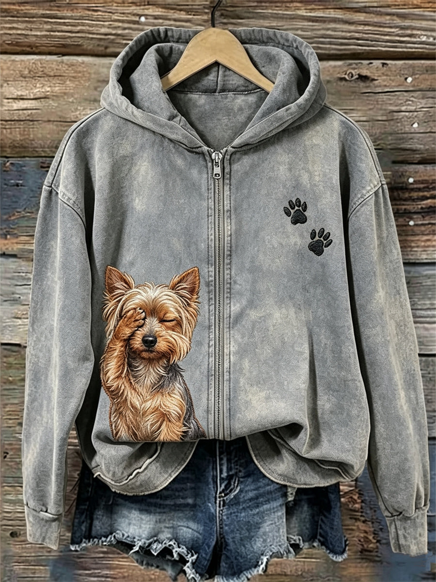 Naisten hassu avuton Yorkshire koira & Pussu Print Full Zip Cozy Huppari