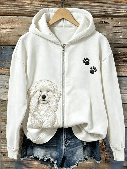 Naisten hauska avuton maltese koira & Pussu Print Full Zip Cozy Huppari