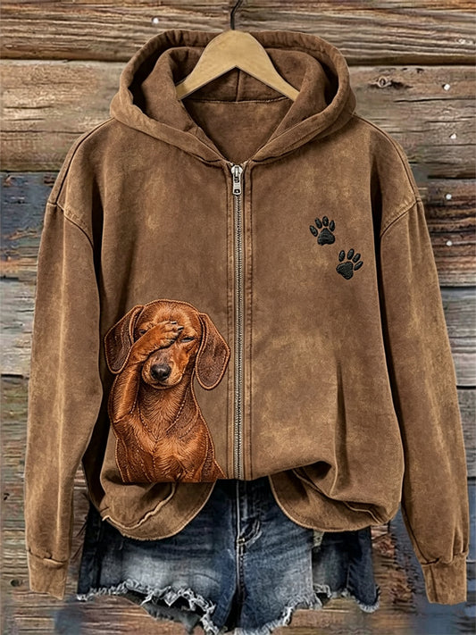 Naisten hassu avuton koira & Pussu Print Full Zip Cozy Huppari