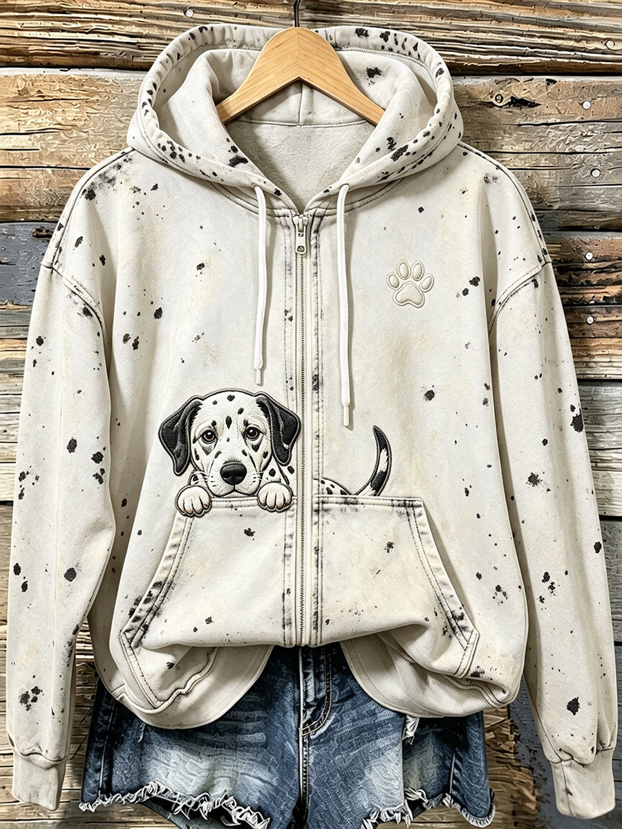 Naisten söpö dalmatialainen ja tassa tulosta Cozy Zip-Up Hoodie.