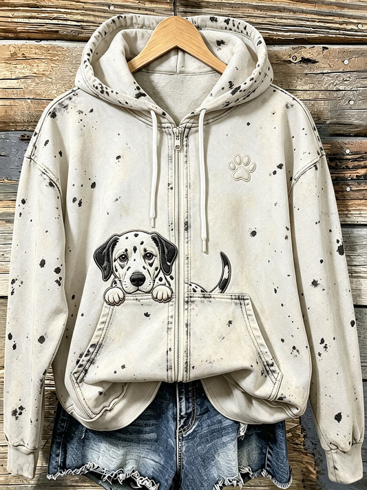 Naisten söpö dalmatialainen ja tassa tulosta Cozy Zip-Up Hoodie.