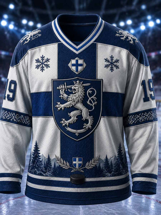 Miesten vintage Suomi-jääkiekko -painokuvioitu pitkähihainen t-paita