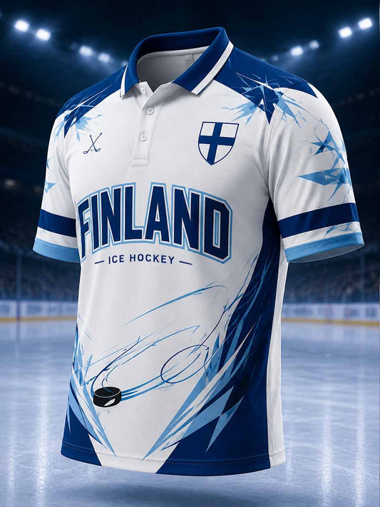 Miesten vintage Suomi-jääkiekkokuosilla painettu poolopaita
