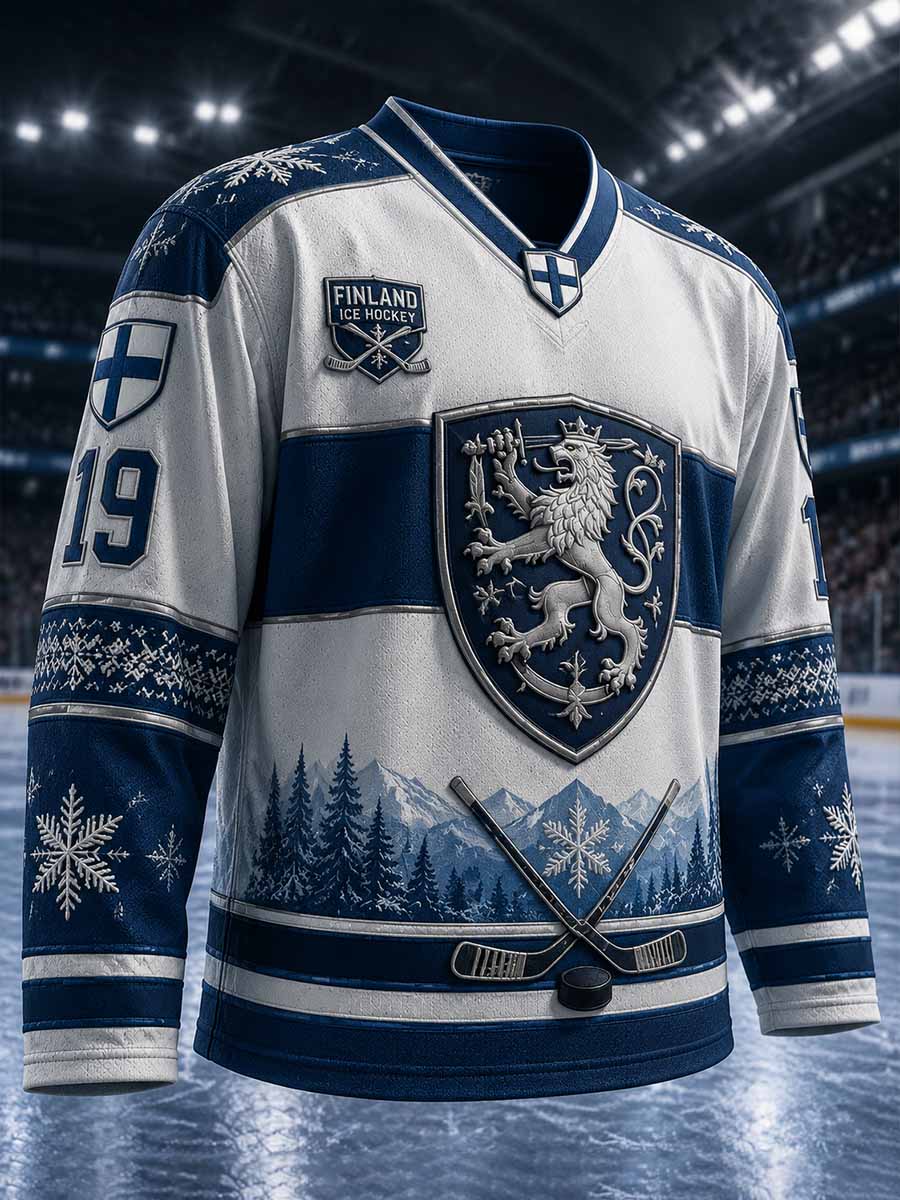 Miesten vintage Suomi-jääkiekko -painokuvioitu pitkähihainen t-paita