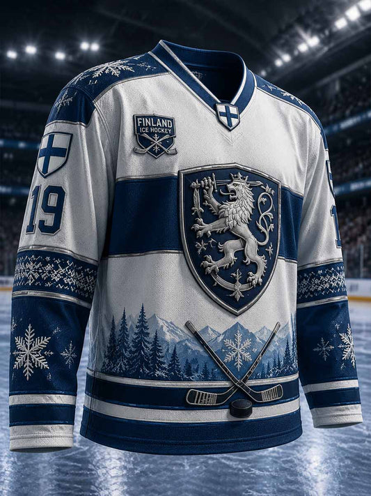 Miesten vintage Suomi-jääkiekko -painokuvioitu pitkähihainen t-paita