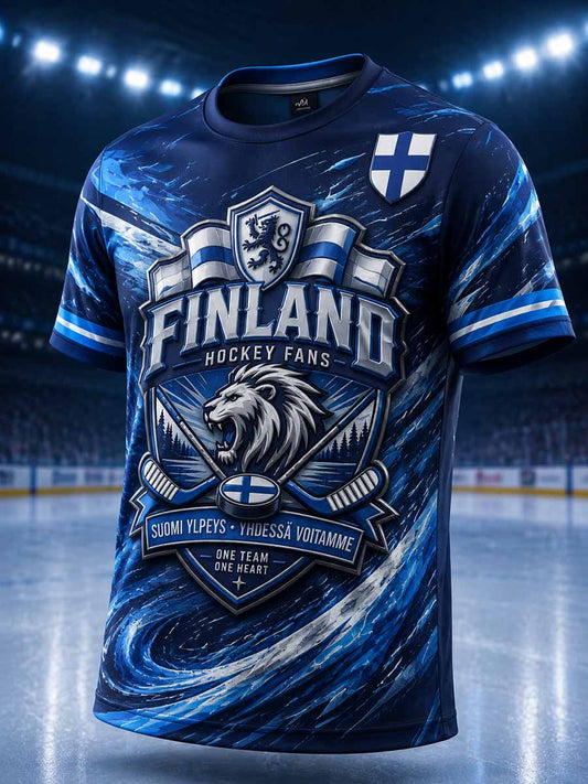 Miesten vintage Suomi-jääkiekkokuosilla painettu t-paita