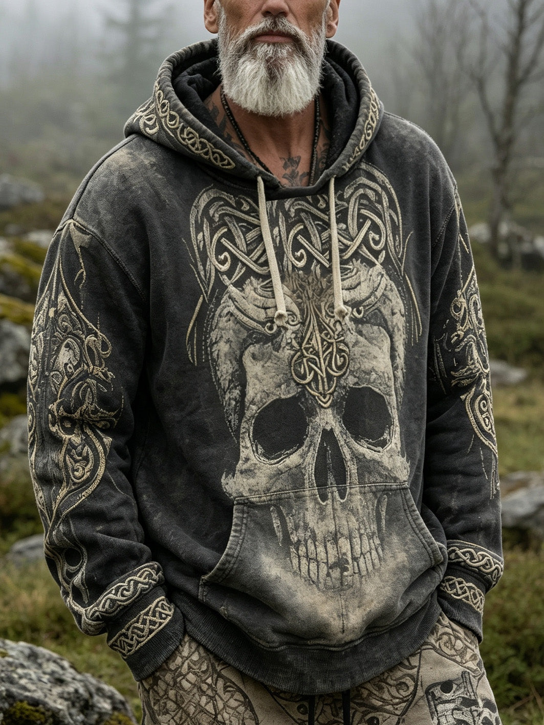 Miesten retro Viking tyyli kallo kuvio painettu rento pesty huppari