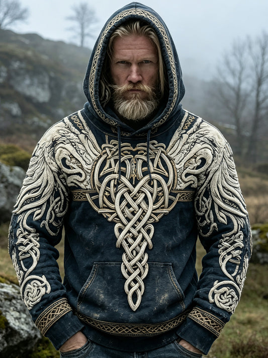 Miesten retro Viking tyylinen kuvio painettu rento pesty huppari