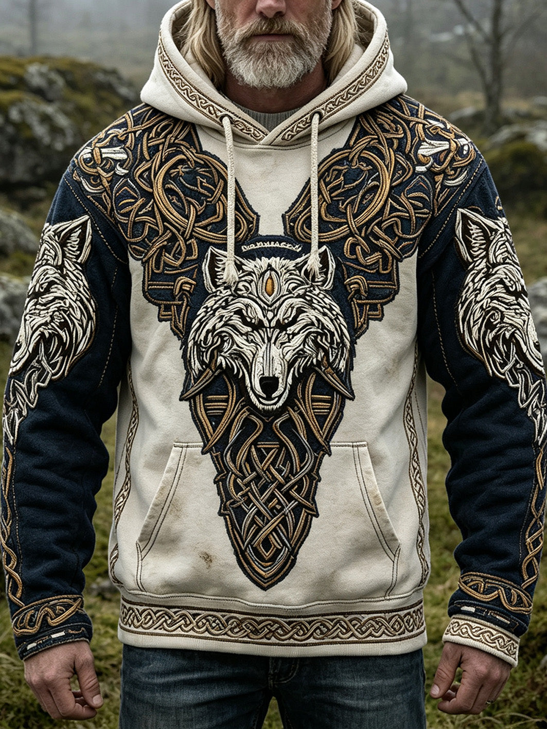 Miesten retro Viking tyylinen susi kuvio painettu rento pesty huppari
