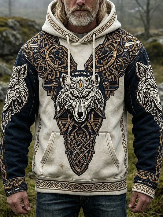 Miesten retro Viking tyylinen susi kuvio painettu rento pesty huppari