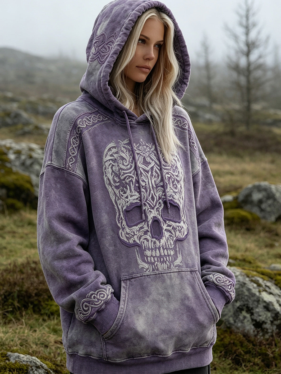 Naisten retro Viking tyyli kallo kuvio painettu rento pesty huppari