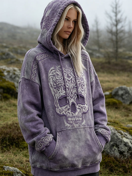 Naisten retro Viking tyyli kallo kuvio painettu rento pesty huppari