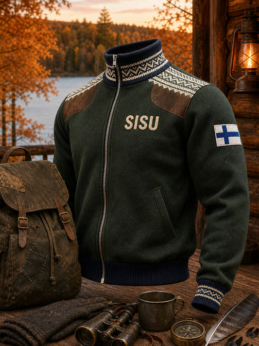 Rento ja mukava takki, jossa on vintage-henkinen suomalainen kuvitustekstiili