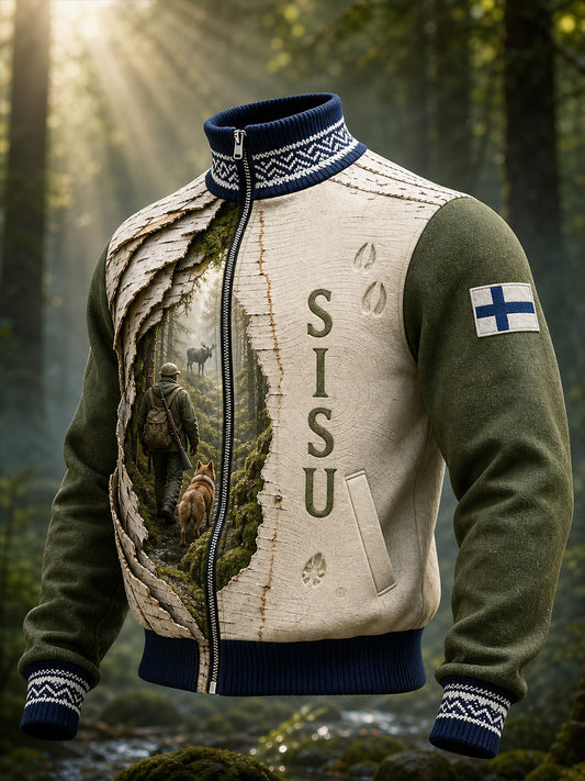 Rento ja mukava takki, jossa on vintage-henkinen suomalainen kuvitustekstiili