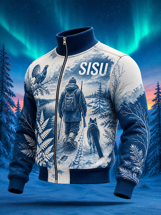 Rento ja mukava takki, jossa on vintage-henkinen suomalainen kuvitustekstiili