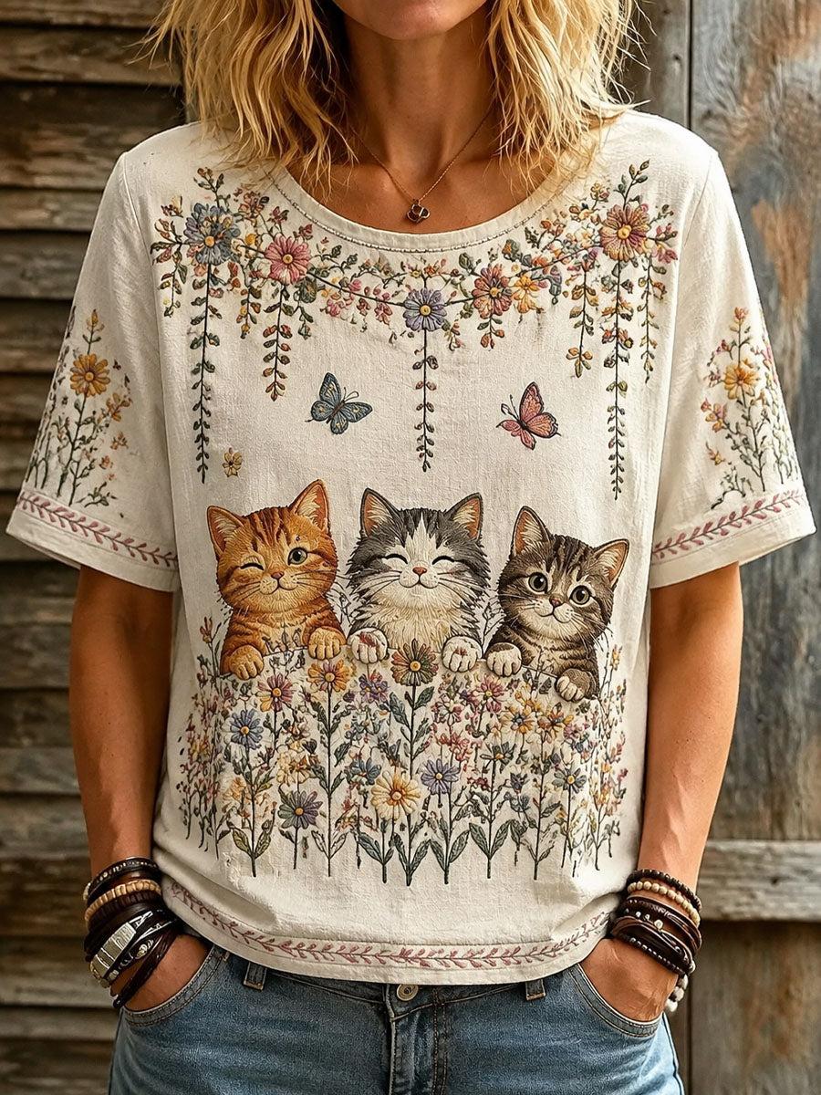 Naisten Cat Lover's Day Kukkapaino painettu Casual T-paita