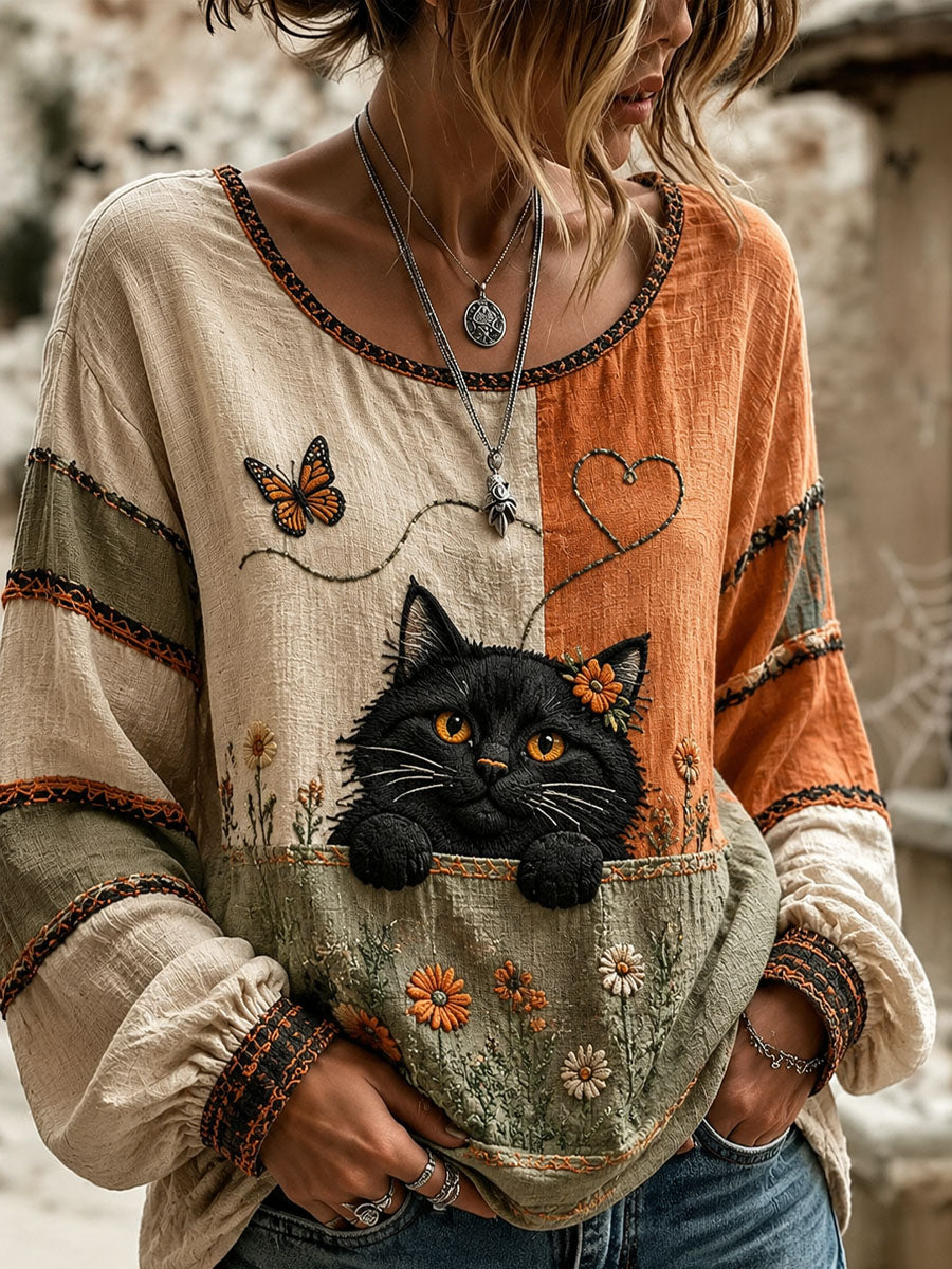 Naisten Cat Lover's Day Kukka painettu Casual pitkähiha paitaa