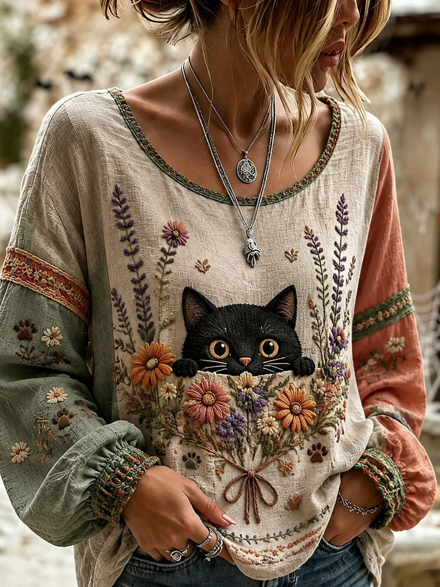 Naisten Cat Lover's Day Kukka painettu Casual pitkähiha paitaa