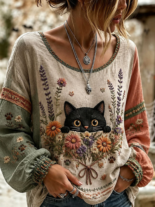 Naisten Cat Lover's Day Kukka painettu Casual pitkähiha paitaa
