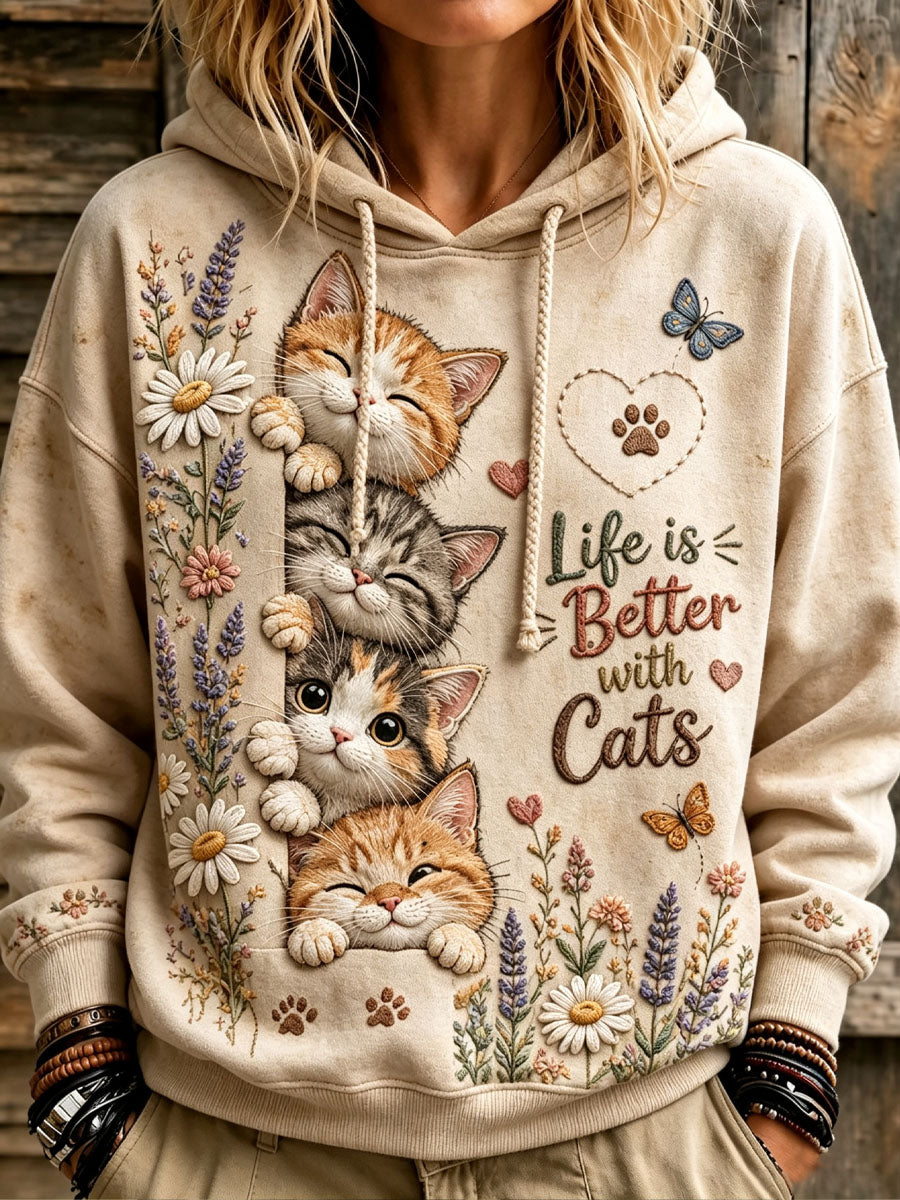 Naisten söpö kissa ja kukkapaino tulosta Casual Hoodie.