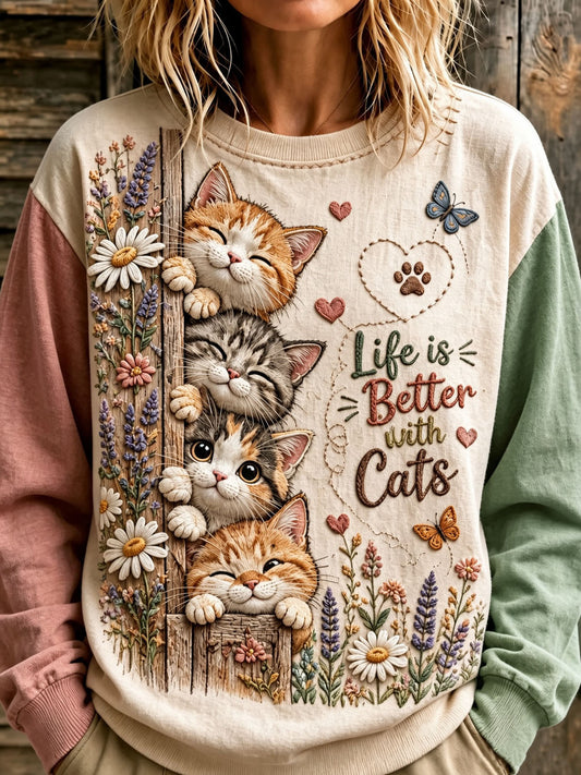 Naisten söpö kissa ja kukkapaino tulosta Sattuva Sweatshirt