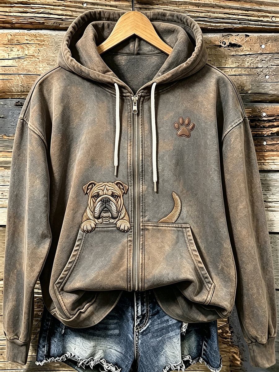 Naisten englanti Bulldog & Pussu tulosta Vintage Cozy Zip-Up Hoodie