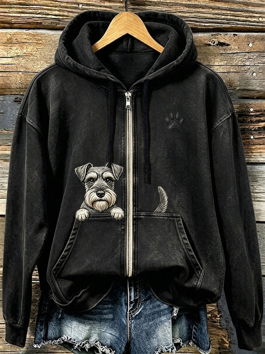 Naisten söpö Schnauzer & Puw Tulosta Viihtyisä Zip-Up Hoodie.