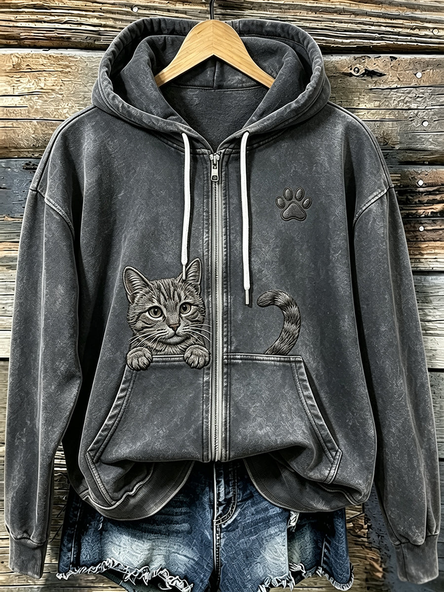 Naisten söpö kissa & tassu tulosta Vintage Cozy Zip-Up Hoodie Viihtyisä