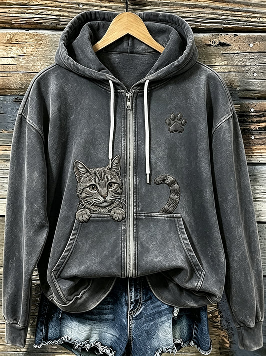 Naisten söpö kissa & tassu tulosta Vintage Cozy Zip-Up Hoodie Viihtyisä