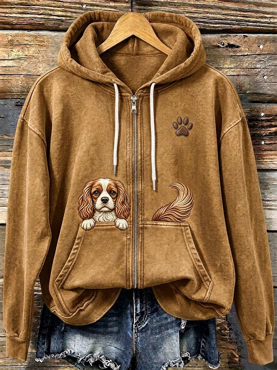 Naisten Cavalier King Charles Spaniel & Puw Print Cozy Zip-Up Huppuhuu