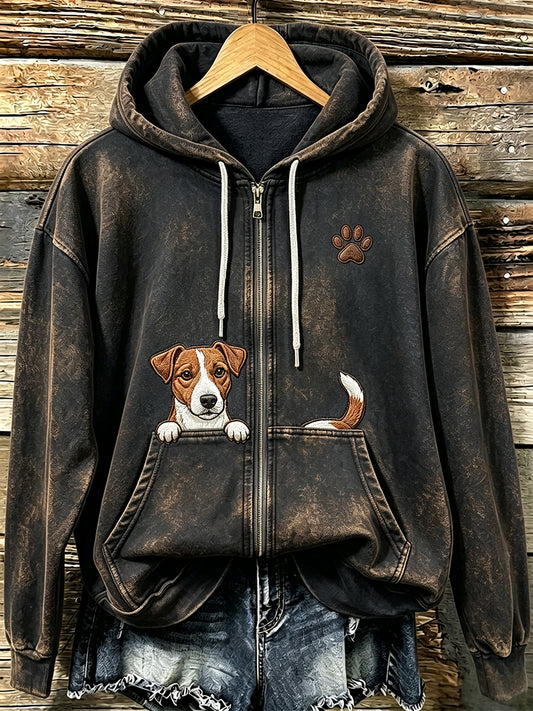 Naisten Jack Russell Terrier & Pussu Tulosta Vintage Cozy Zip-Up Hoodie