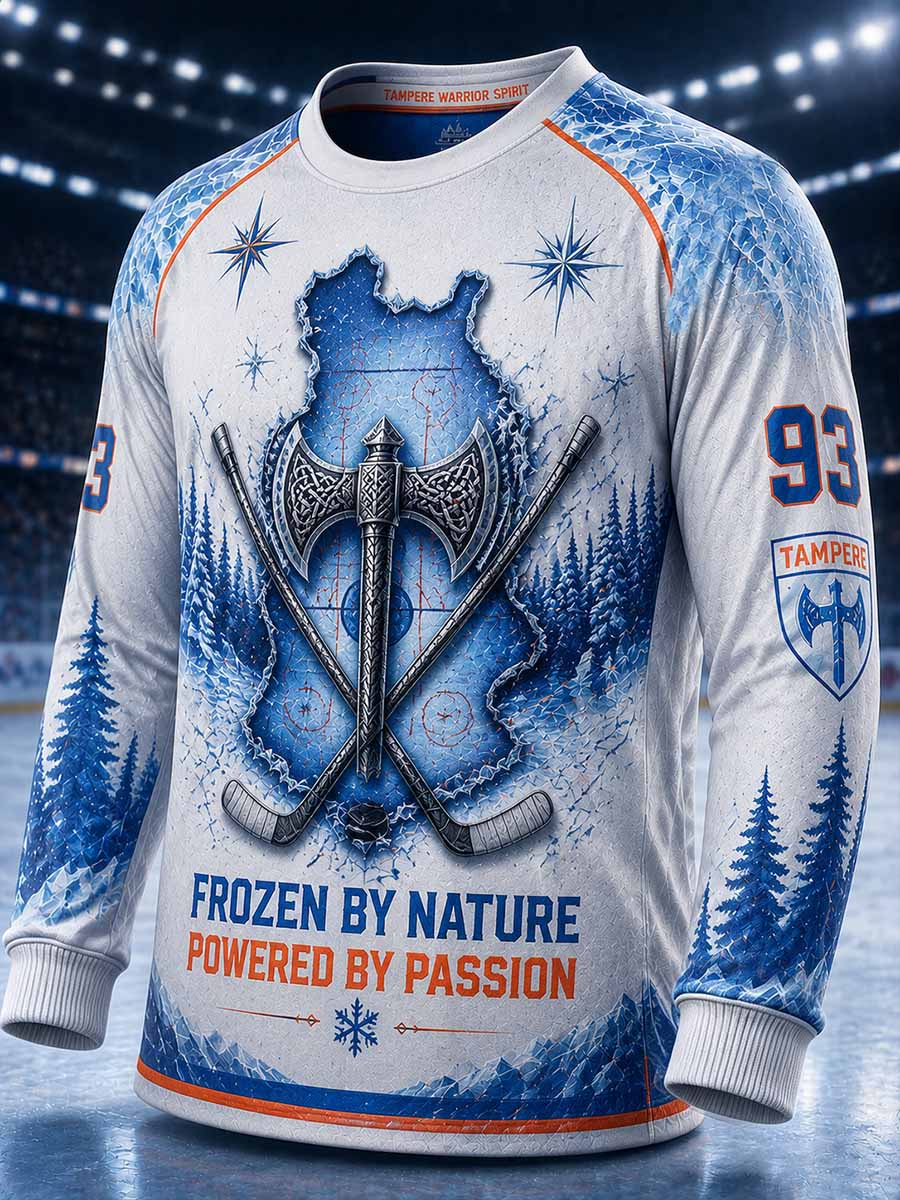 Miesten suomalainen jääkiekko Tappara -kuosilla painettu collegepaita