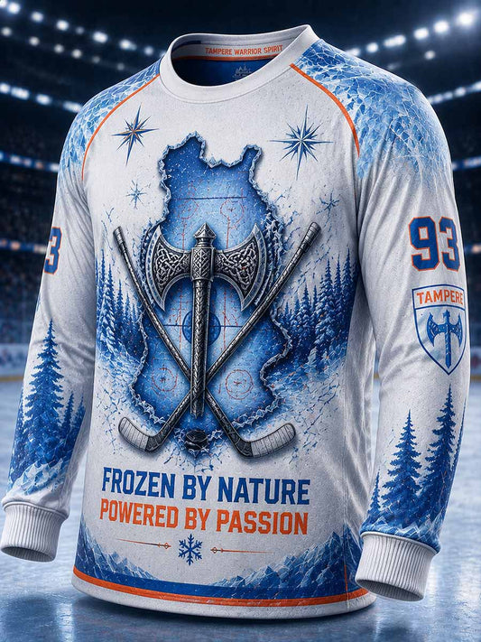 Miesten suomalainen jääkiekko Tappara -kuosilla painettu collegepaita