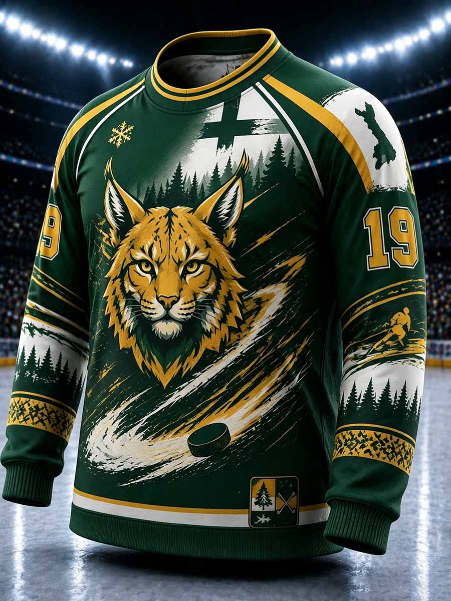 Miesten Suomi Ilves-jääkiekkokuosilla painettu collegepaita