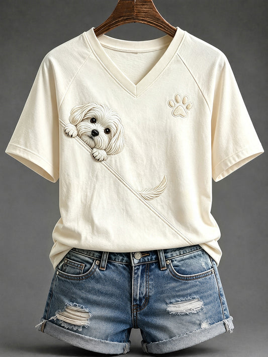 Naisten söpö Peeking maltese koira käpyn tulostus V-kaula Short-shirt